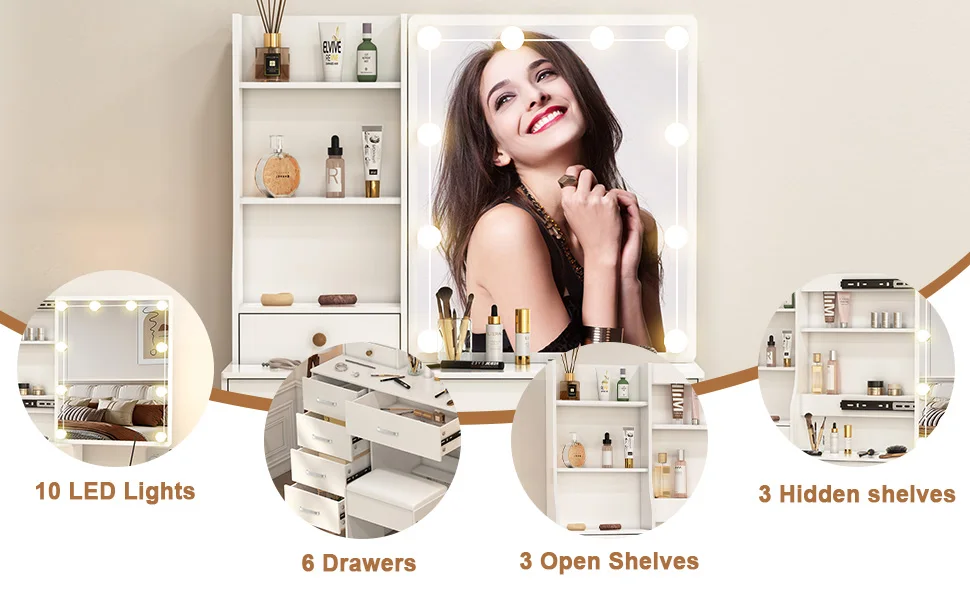 Teousev Dressing Desk Makeup Vanity NEW Dimmable 10 LED Bulbs Mirror Storage Organizer Bedroom White Makeup Dresser Table