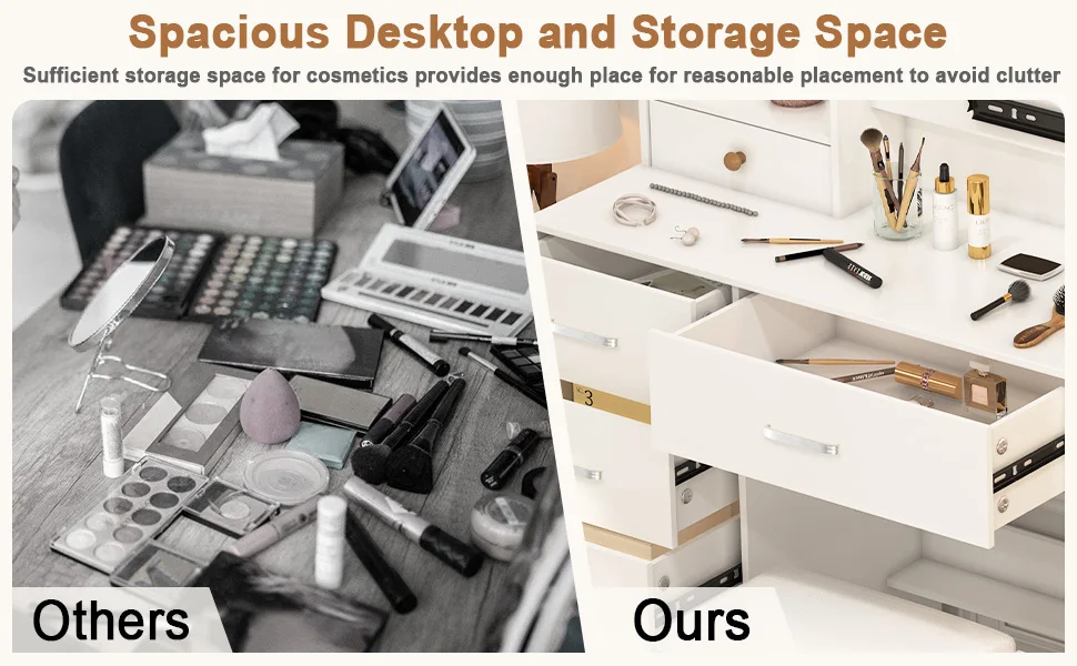 Teousev Dressing Desk Makeup Vanity NEW Dimmable 10 LED Bulbs Mirror Storage Organizer Bedroom White Makeup Dresser Table