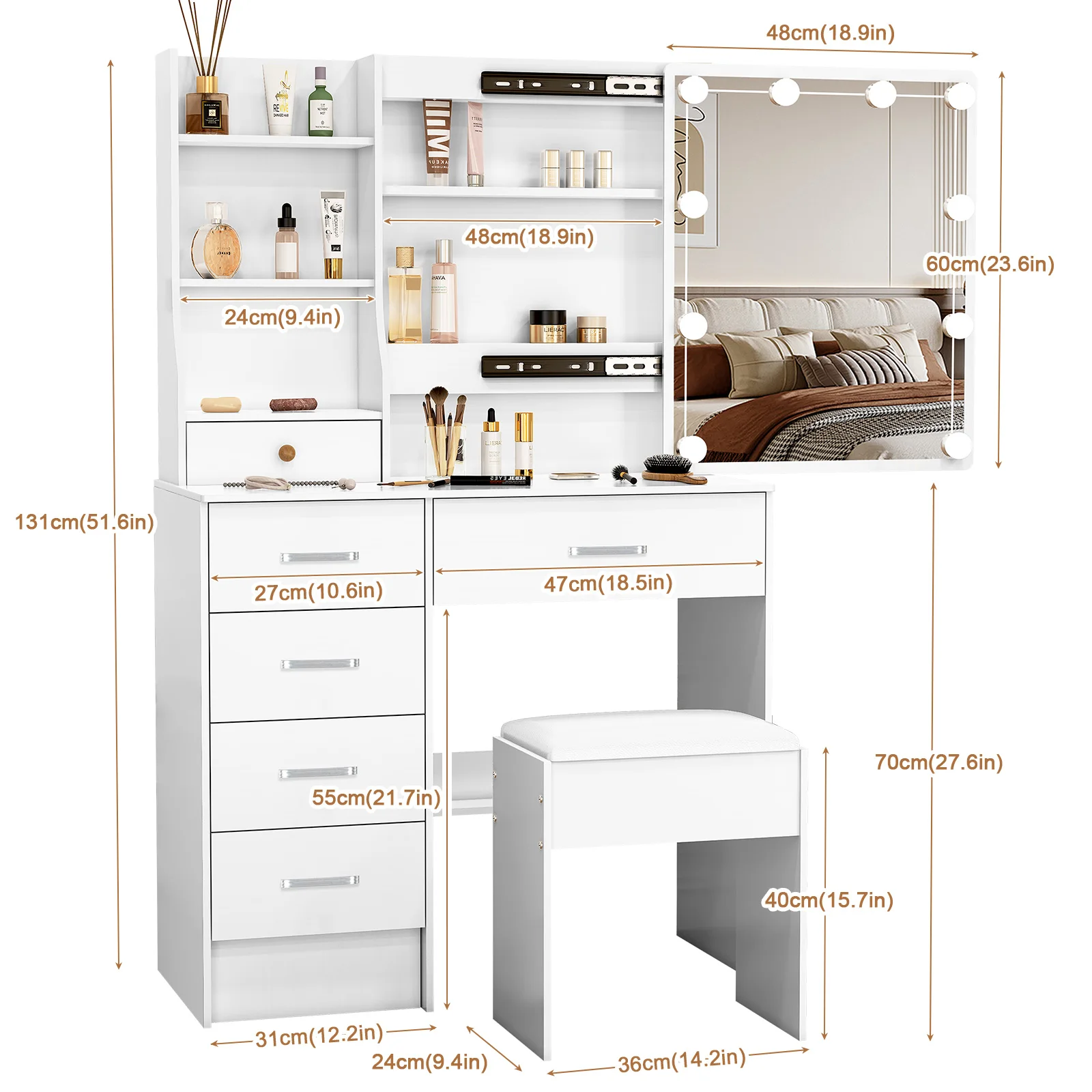 Teousev Dressing Desk Makeup Vanity NEW Dimmable 10 LED Bulbs Mirror Storage Organizer Bedroom White Makeup Dresser Table