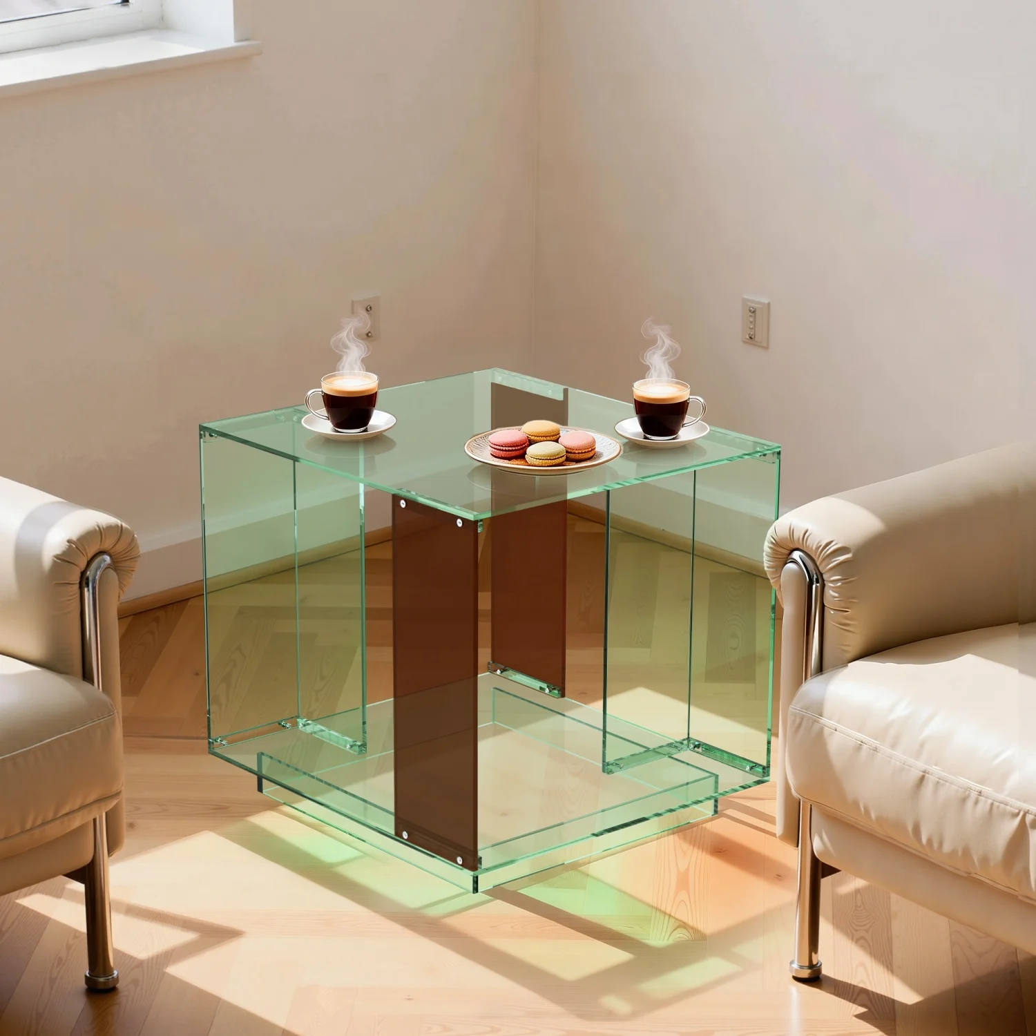 2-Tier Green-tinted Acrylic Record Player Table Bedside End Table Nightstand Open Shelf for Bedrooms Living Room