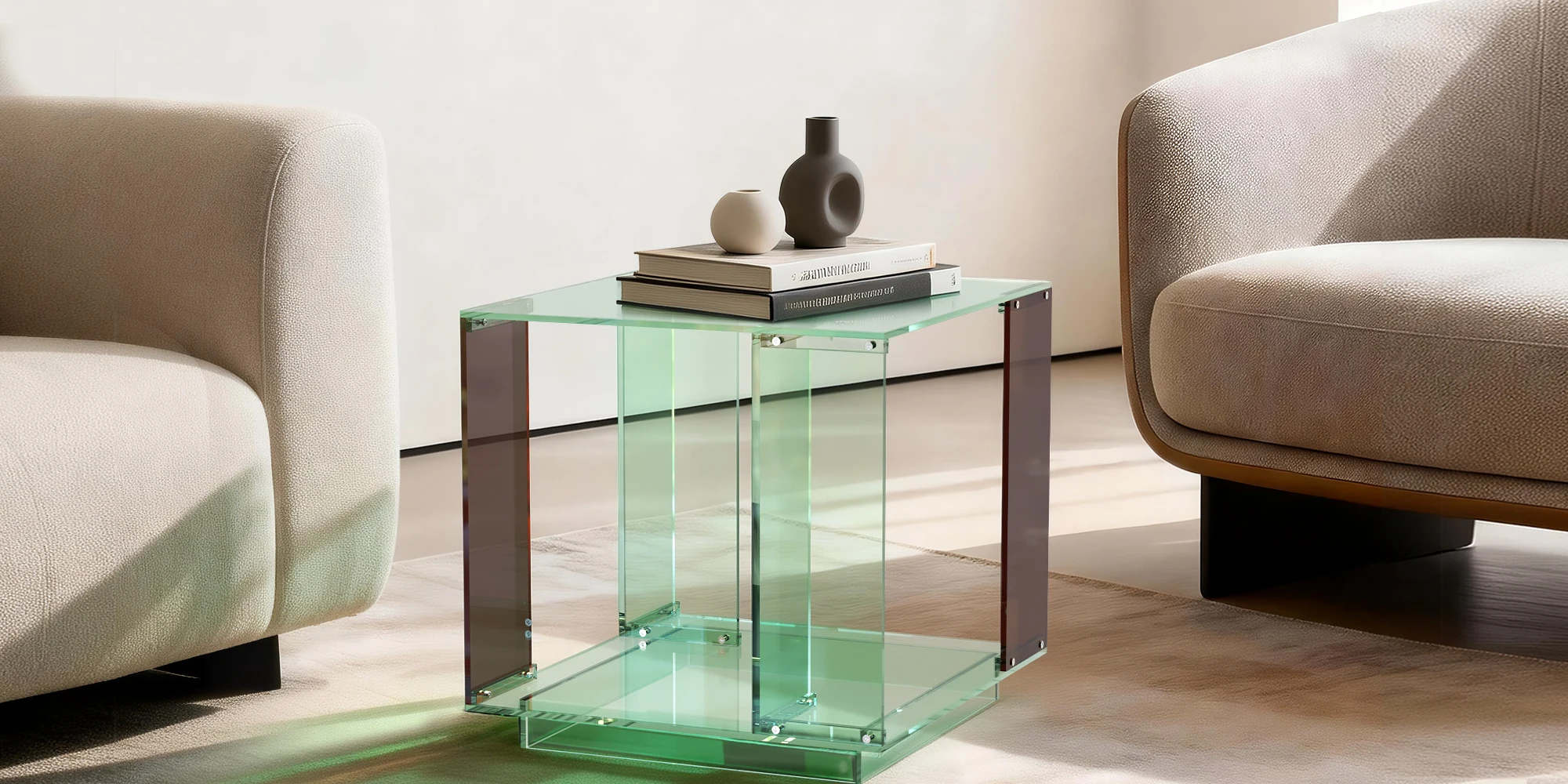 2-Tier Green-tinted Acrylic Record Player Table Bedside End Table Nightstand Open Shelf for Bedrooms Living Room