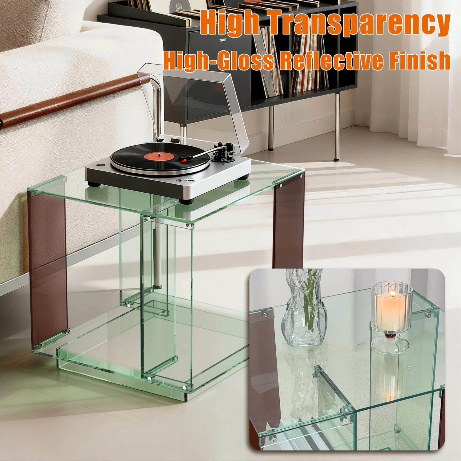 2-Tier Green-tinted Acrylic Record Player Table Bedside End Table Nightstand Open Shelf for Bedrooms Living Room