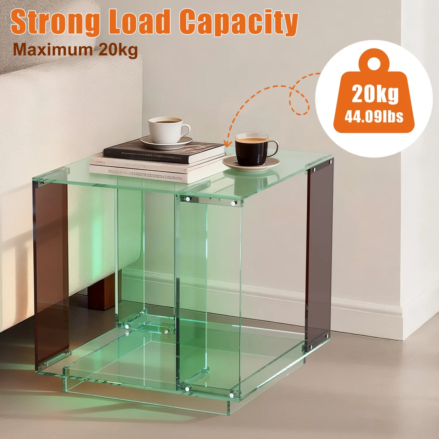 2-Tier Green-tinted Acrylic Record Player Table Bedside End Table Nightstand Open Shelf for Bedrooms Living Room