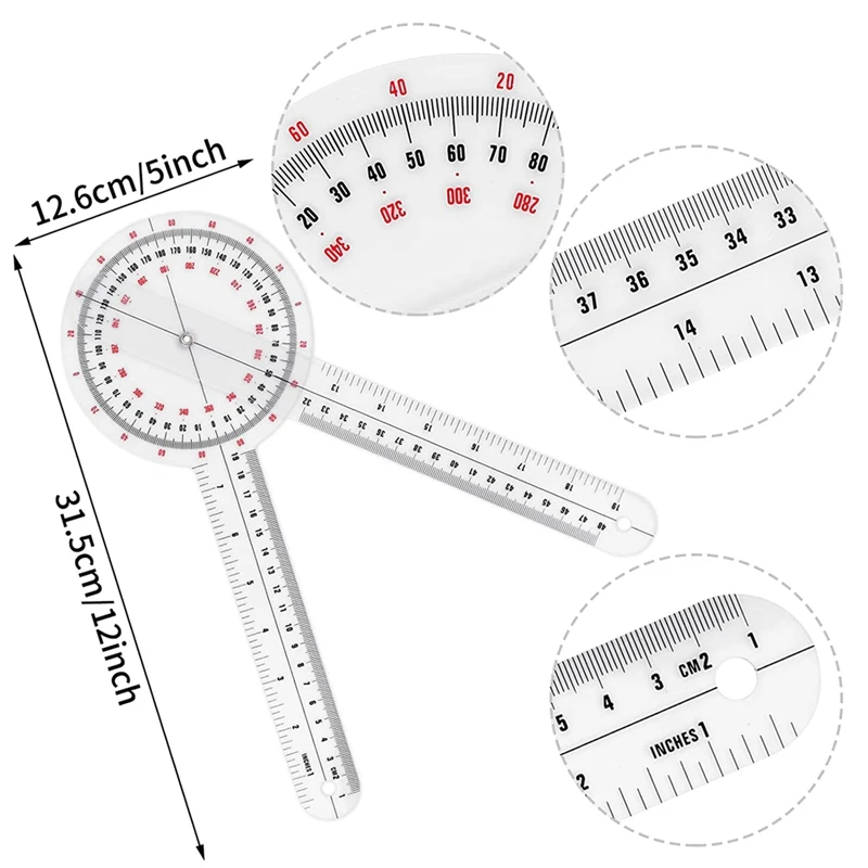 12 Inch Goniometer Transparent Orthopedic Angle Ruler Goniometer 360 Degree Spinal Goniometer For Body Measuring