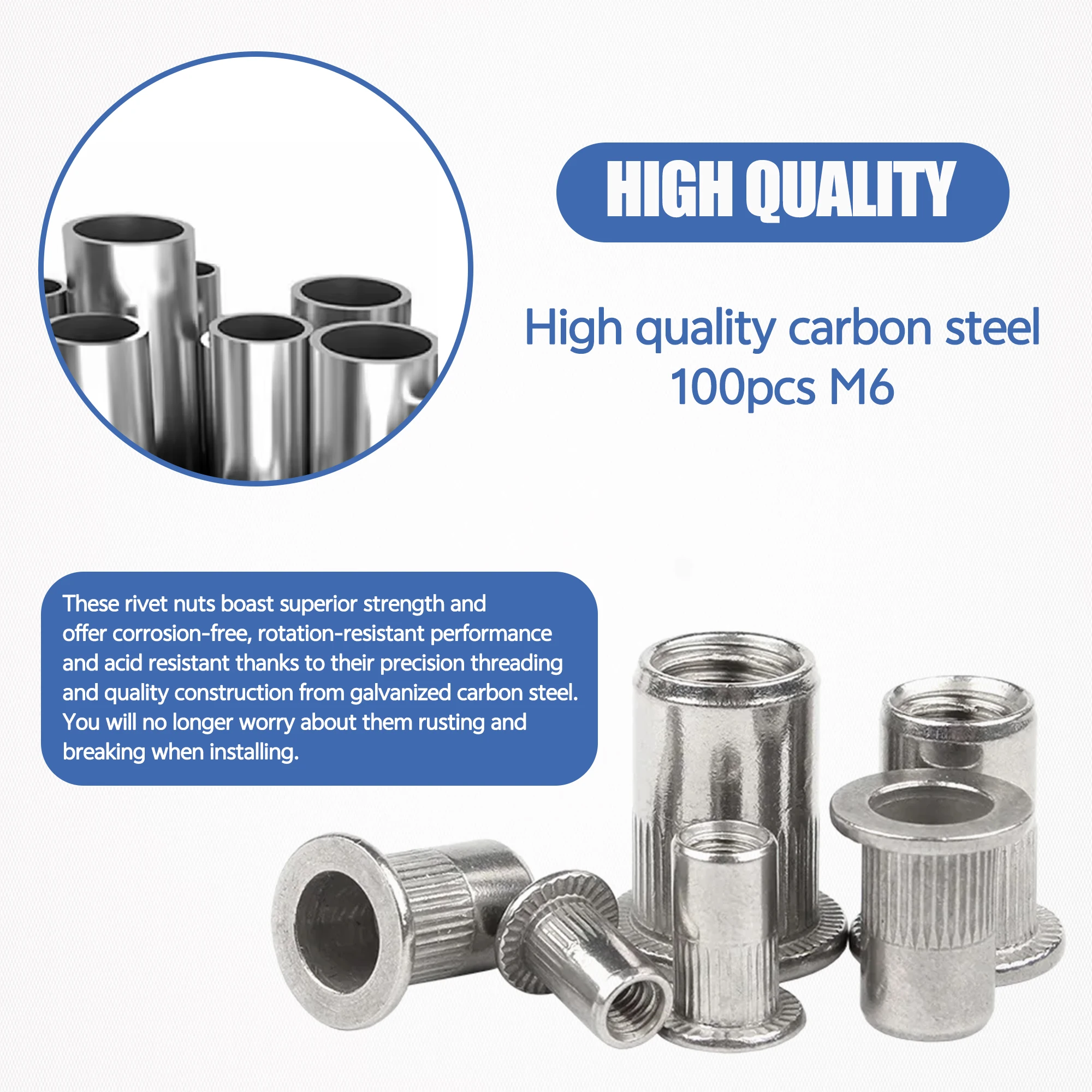 100Pcs M6 Rivet Nuts Kit Metric Aluminum Flat Head Threaded Rivet Nut Insert Nutsert Rivet Nuts Assortment Kit