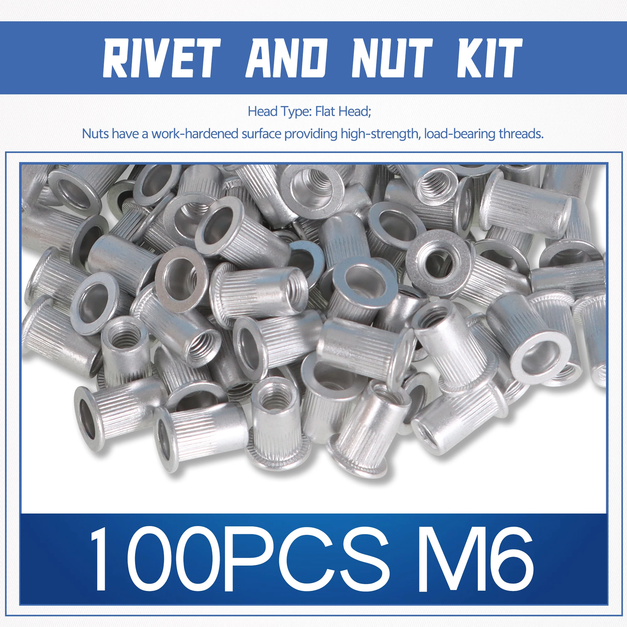 100Pcs M6 Rivet Nuts Kit Metric Aluminum Flat Head Threaded Rivet Nut Insert Nutsert Rivet Nuts Assortment Kit