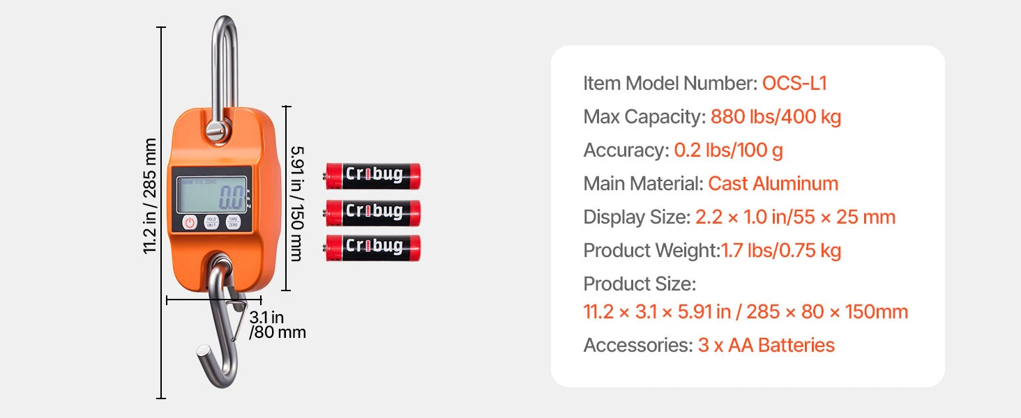 SucceBuy 880 lbs/400 kg Digital Crane Scale Handheld Hanging Scale with LCD Display 0.2 lbs Division for Farm Hunting Fishing