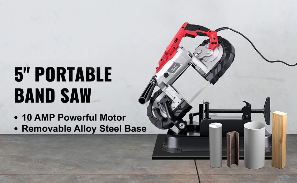 SucceBuy Portable BandSaw 5Inch Cutting Capacity Cordless Variable Speed 10Amp Motor Deep Cut Bandsaw for Metal Wood Pipes Rebar