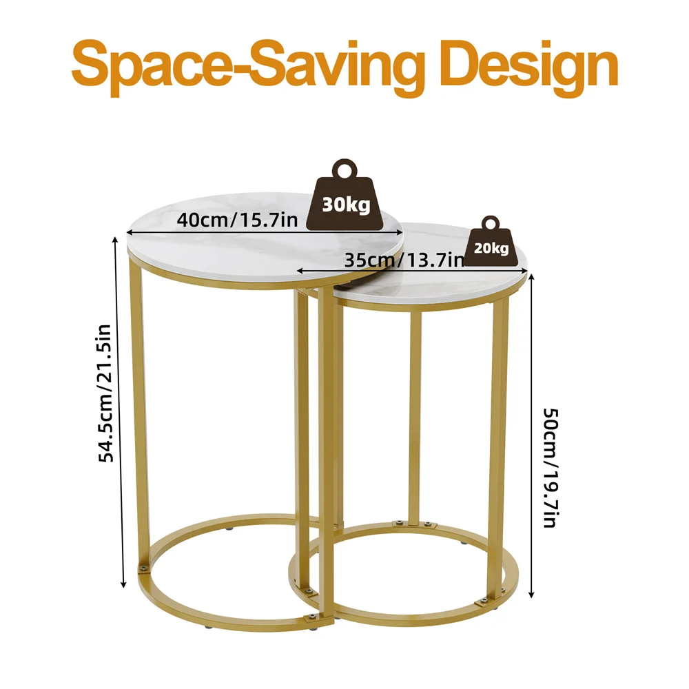 LUVODI Nesting Round Side Table Set of 2, Sintered Stone Top & Golden Metal Frame, Stacking End Tables for Living Room Bedroom