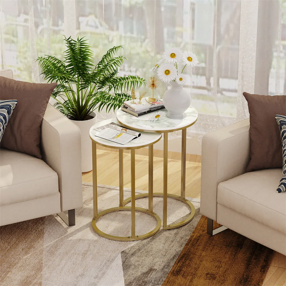 LUVODI Nesting Round Side Table Set of 2, Sintered Stone Top & Golden Metal Frame, Stacking End Tables for Living Room Bedroom