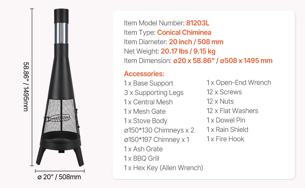 SucceBuy Chiminea 20 Inch Outdoor Wood Burning Firepit with Grill Mesh Chimney Coat & Rustproof Chiminea Lid for Patio Backyard