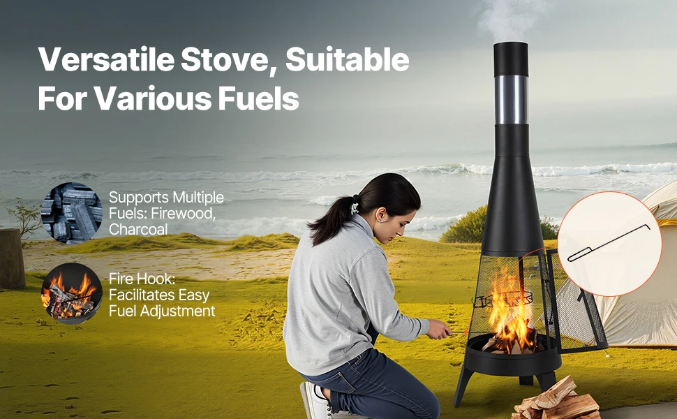 SucceBuy Chiminea 20 Inch Outdoor Wood Burning Firepit with Grill Mesh Chimney Coat & Rustproof Chiminea Lid for Patio Backyard