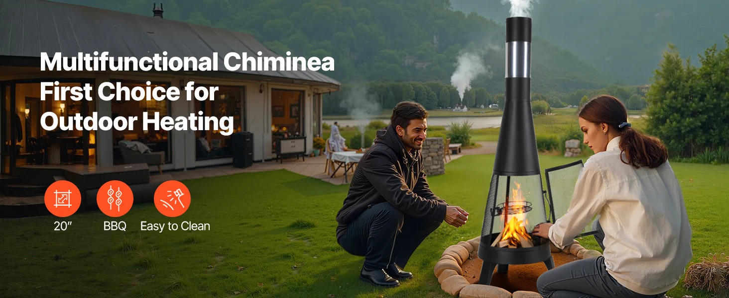 SucceBuy Chiminea 20 Inch Outdoor Wood Burning Firepit with Grill Mesh Chimney Coat & Rustproof Chiminea Lid for Patio Backyard