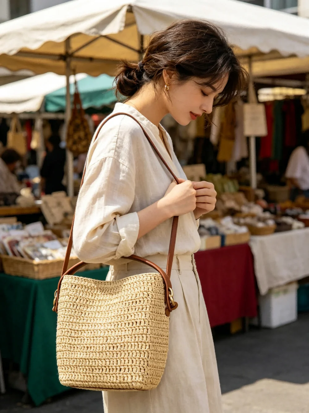 New Arrival Raffia Woven Large Capacity Bucket Bag with Leather Trim, French Lazy Vacation Style Shoulder Bag