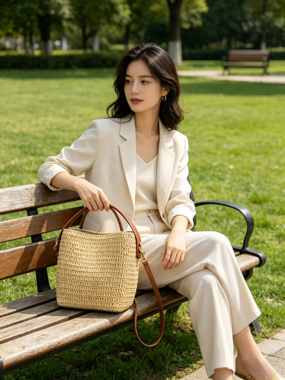 New Arrival Raffia Woven Large Capacity Bucket Bag with Leather Trim, French Lazy Vacation Style Shoulder Bag