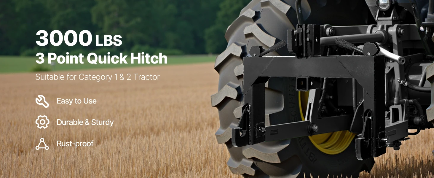 SucceBuy 3-Point Quick Hitch w/ Receiver 3000/4000Lbs Lift Capacity w/5 Level Adjustable Bolt Adaptation to Category 1&2 Tractor
