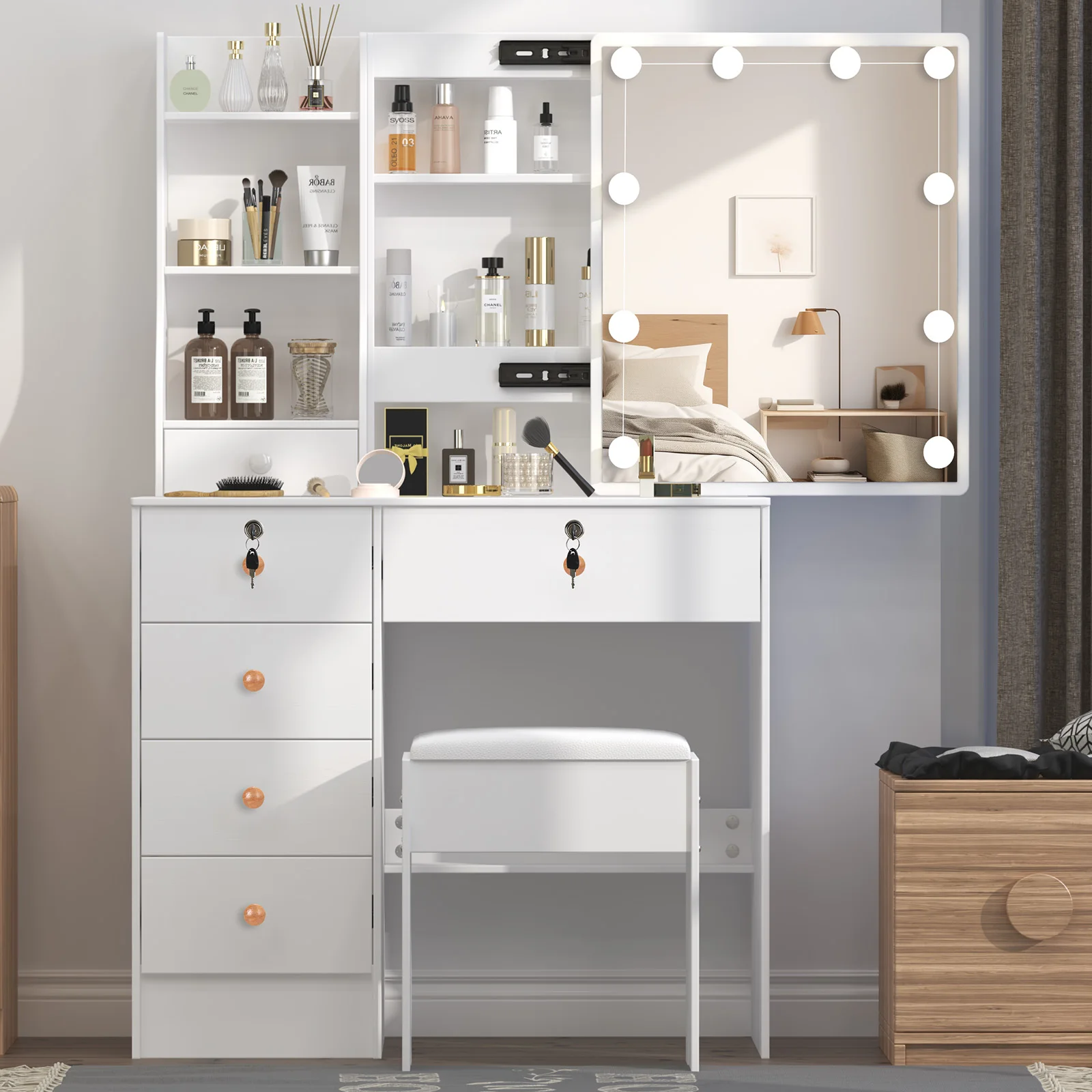 White Vanity Desk with Mirror And LED Lights 10 Bulbs 3 Color Modes Dressing Table Set with Storage Drawers And Chair for Bedroom