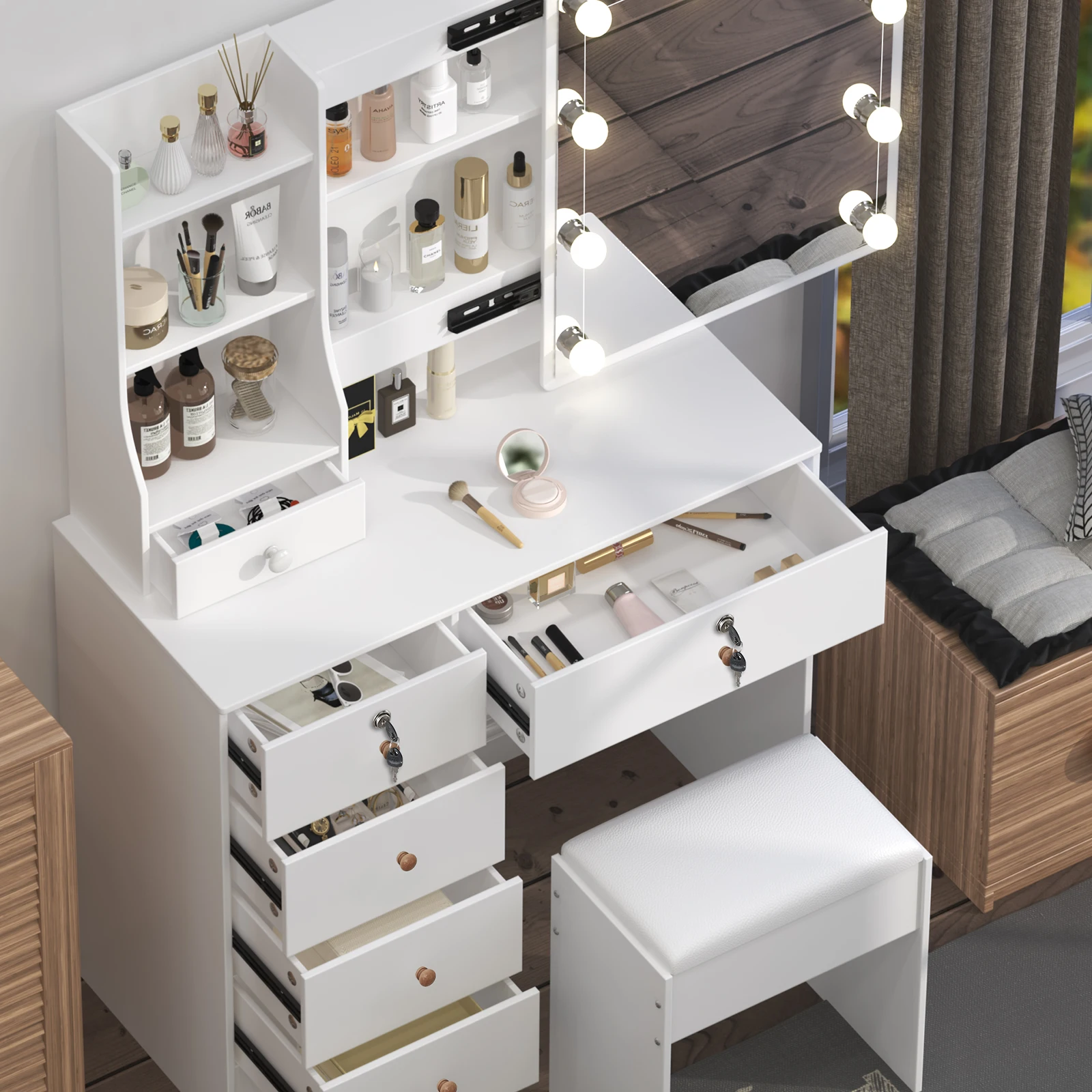 White Vanity Desk with Mirror And LED Lights 10 Bulbs 3 Color Modes Dressing Table Set with Storage Drawers And Chair for Bedroom