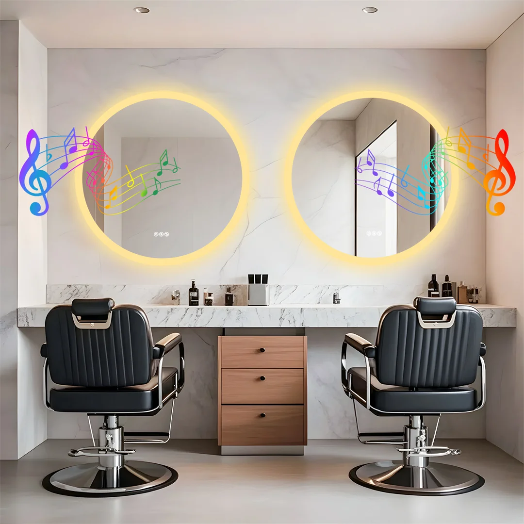 32 Inch Round Lighted Bathroom Mirror with Bluetooth Speaker,Wall-Mounted Backlit Vanity Mirror 3 Colors Dimmable Anti-fog