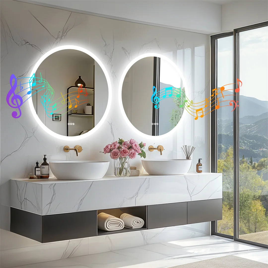 32 Inch Round Lighted Bathroom Mirror with Bluetooth Speaker,Wall-Mounted Backlit Vanity Mirror 3 Colors Dimmable Anti-fog