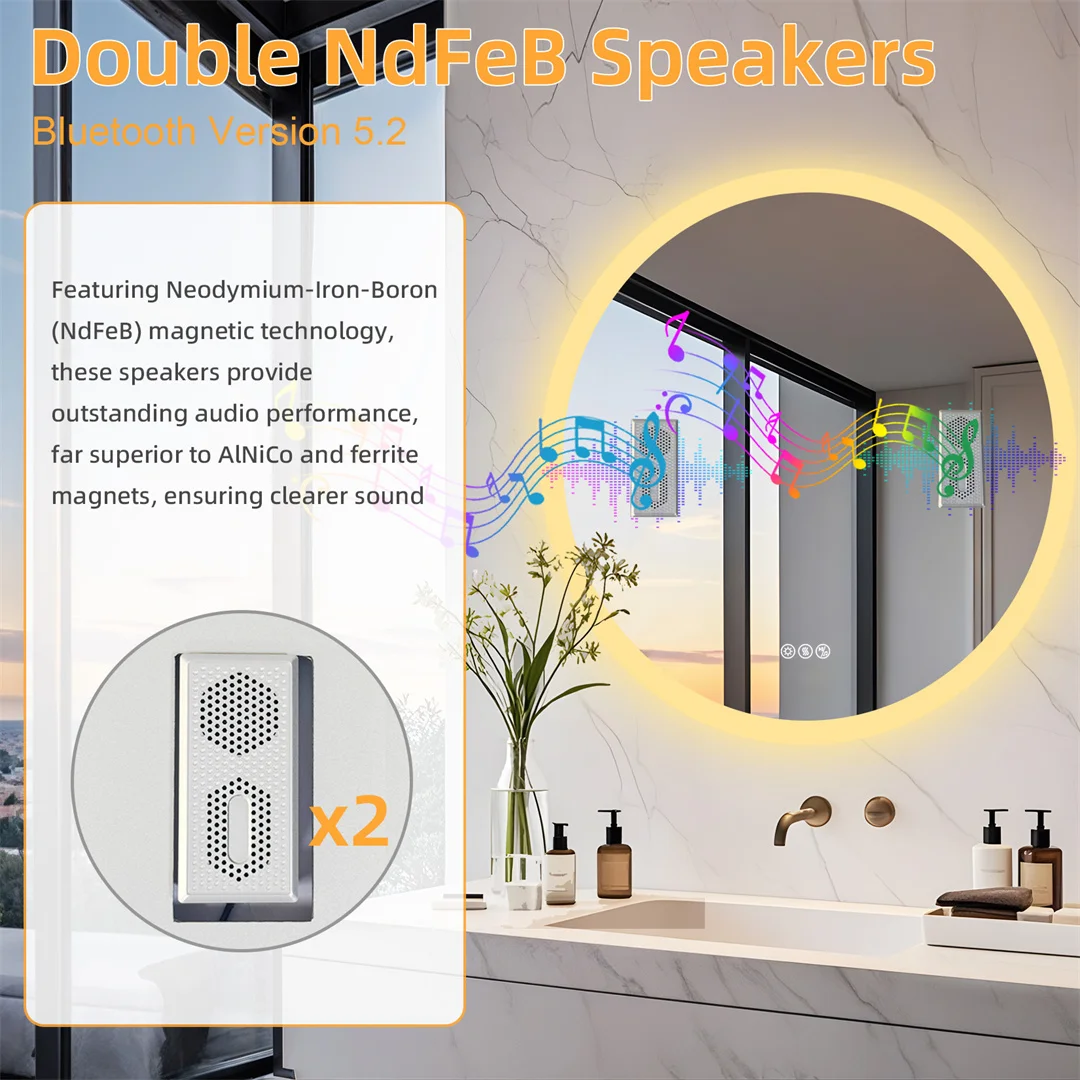 32 Inch Round Lighted Bathroom Mirror with Bluetooth Speaker,Wall-Mounted Backlit Vanity Mirror 3 Colors Dimmable Anti-fog