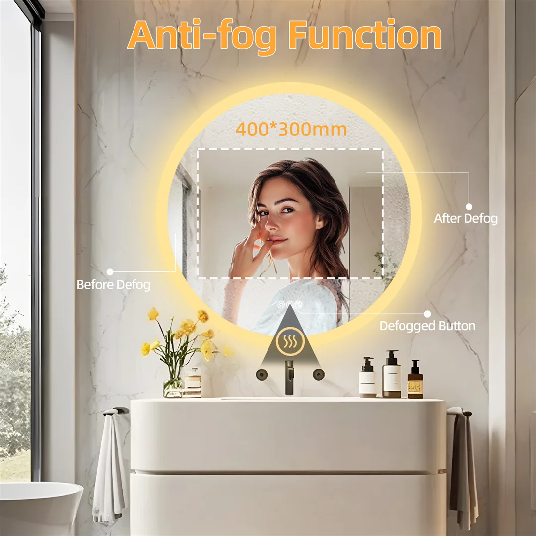 32 Inch Round Lighted Bathroom Mirror with Bluetooth Speaker,Wall-Mounted Backlit Vanity Mirror 3 Colors Dimmable Anti-fog