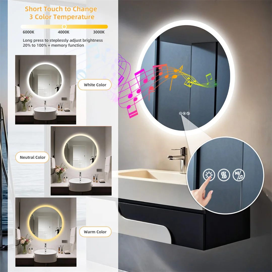 32 Inch Round Lighted Bathroom Mirror with Bluetooth Speaker,Wall-Mounted Backlit Vanity Mirror 3 Colors Dimmable Anti-fog