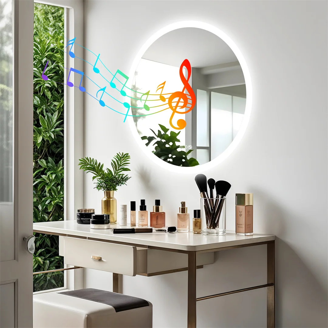32 Inch Round Lighted Bathroom Mirror with Bluetooth Speaker,Wall-Mounted Backlit Vanity Mirror 3 Colors Dimmable Anti-fog