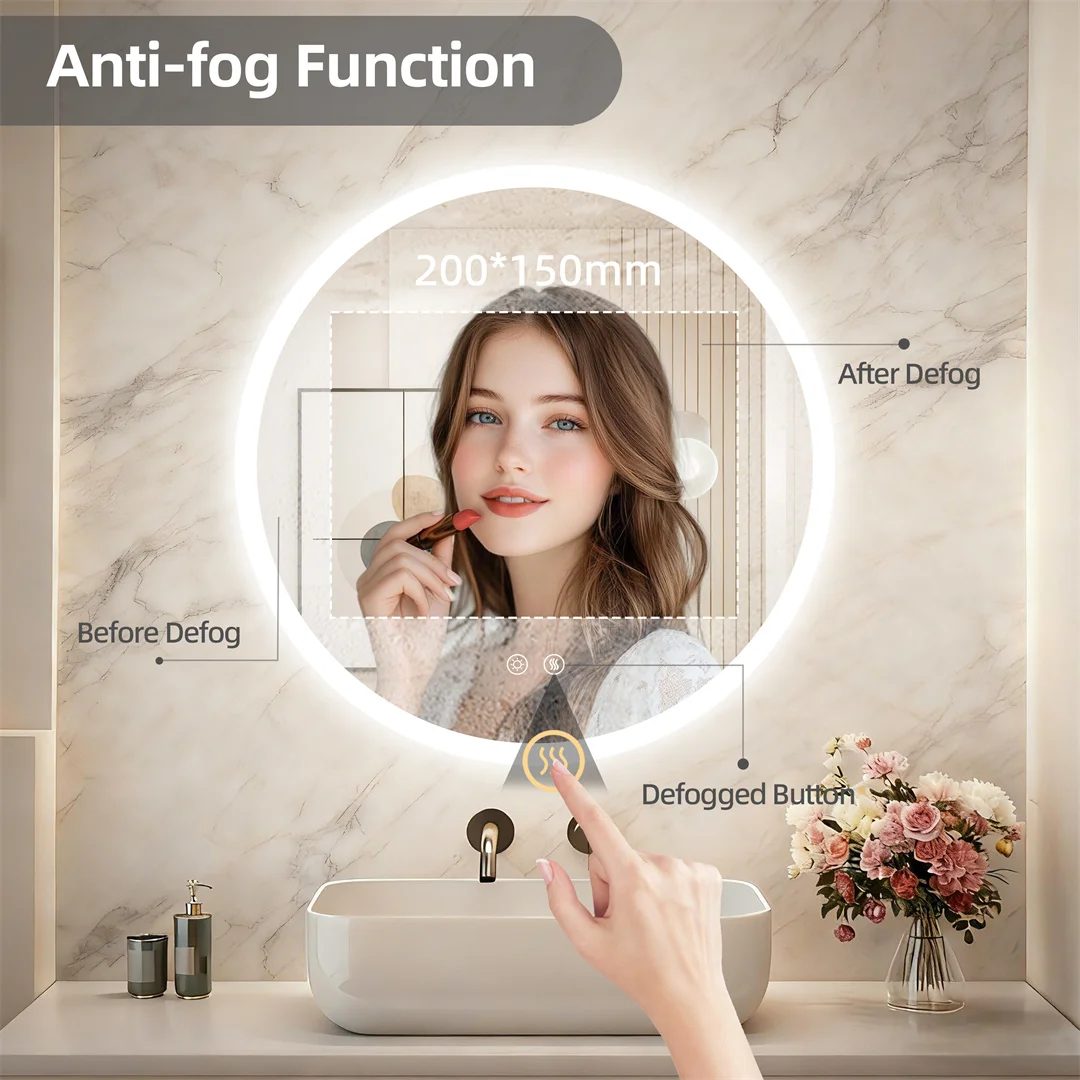 LUVODI 32”Round Backlit Bathroom Mirror Wall Hanging Vanity Mirror with Aluminum Frame, Memory Function, Anti-Fog Dimmable
