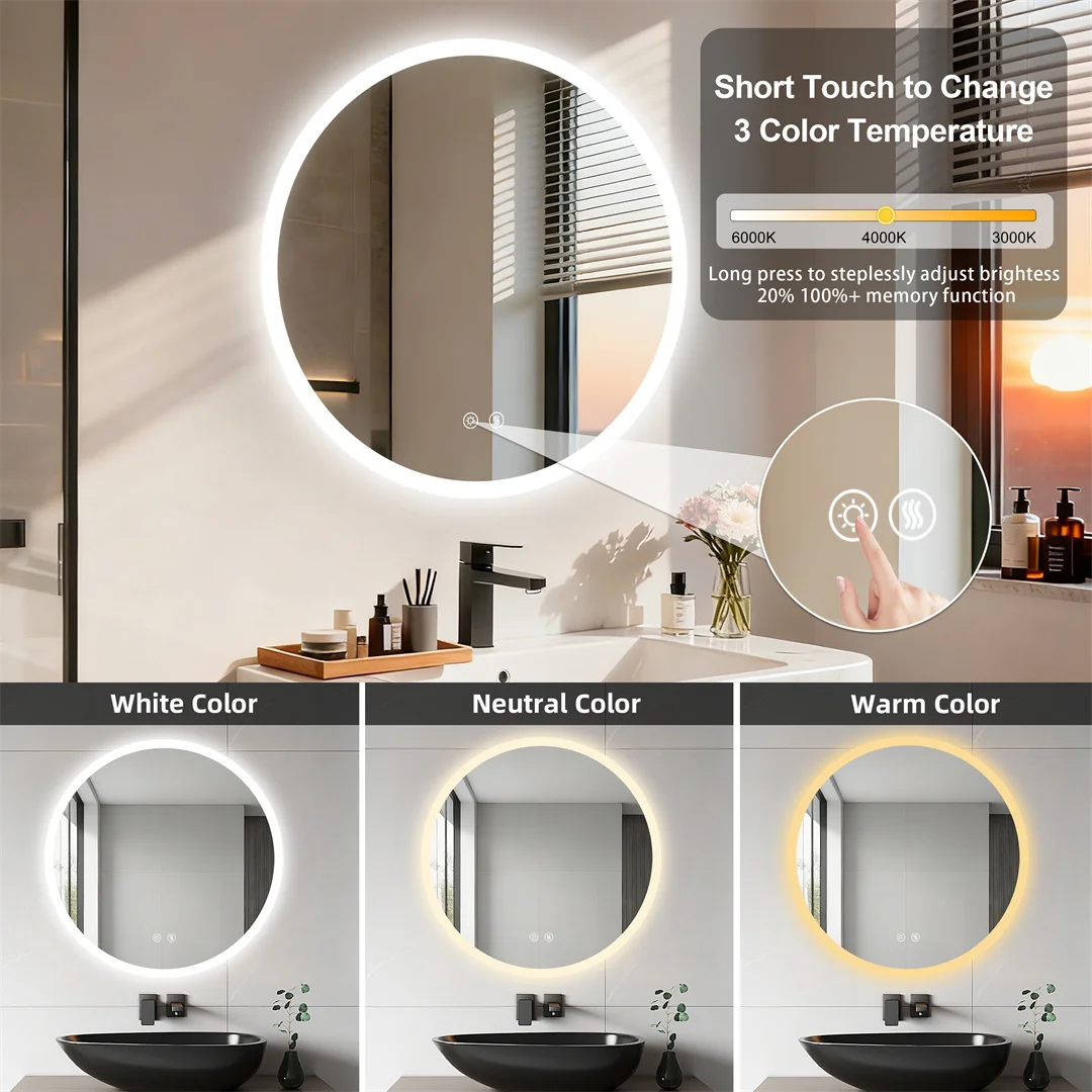 LUVODI 32”Round Backlit Bathroom Mirror Wall Hanging Vanity Mirror with Aluminum Frame, Memory Function, Anti-Fog Dimmable