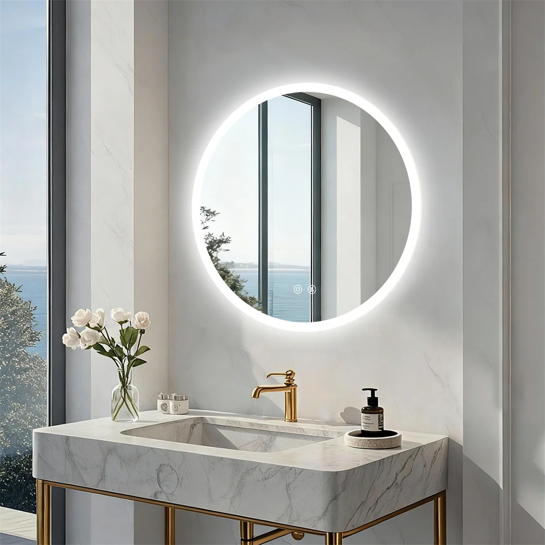 LUVODI 32”Round Backlit Bathroom Mirror Wall Hanging Vanity Mirror with Aluminum Frame, Memory Function, Anti-Fog Dimmable