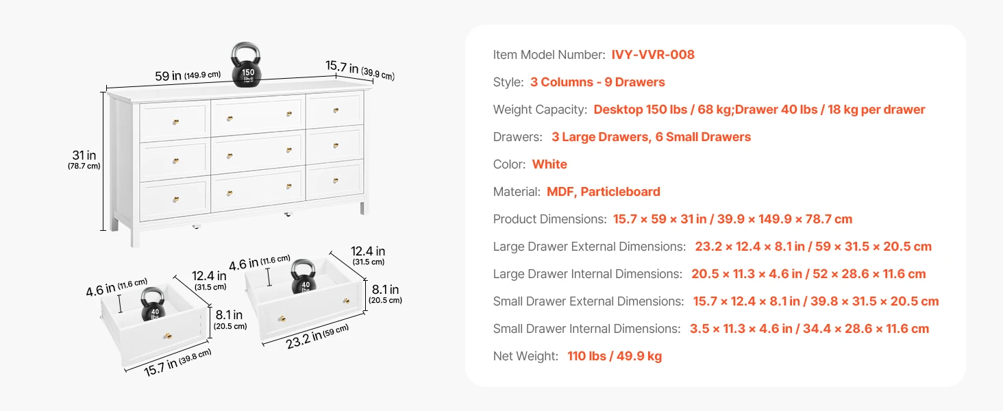 SucceBuy 6/9 Drawer Dresser Wooden Chest of Drawers with Sliding and Anti-tip Device for Living Room Hallway Bedroom Entryway