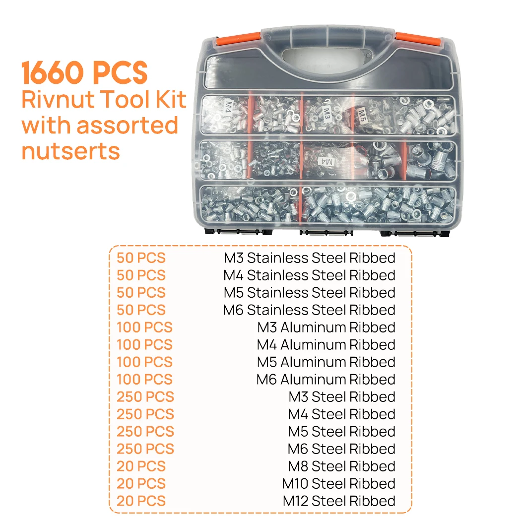 PORIYA Up To 1660pcs Rivet Tool Riveting Gun Rivnut Riveter Thread Nutserts Hand M3-M12