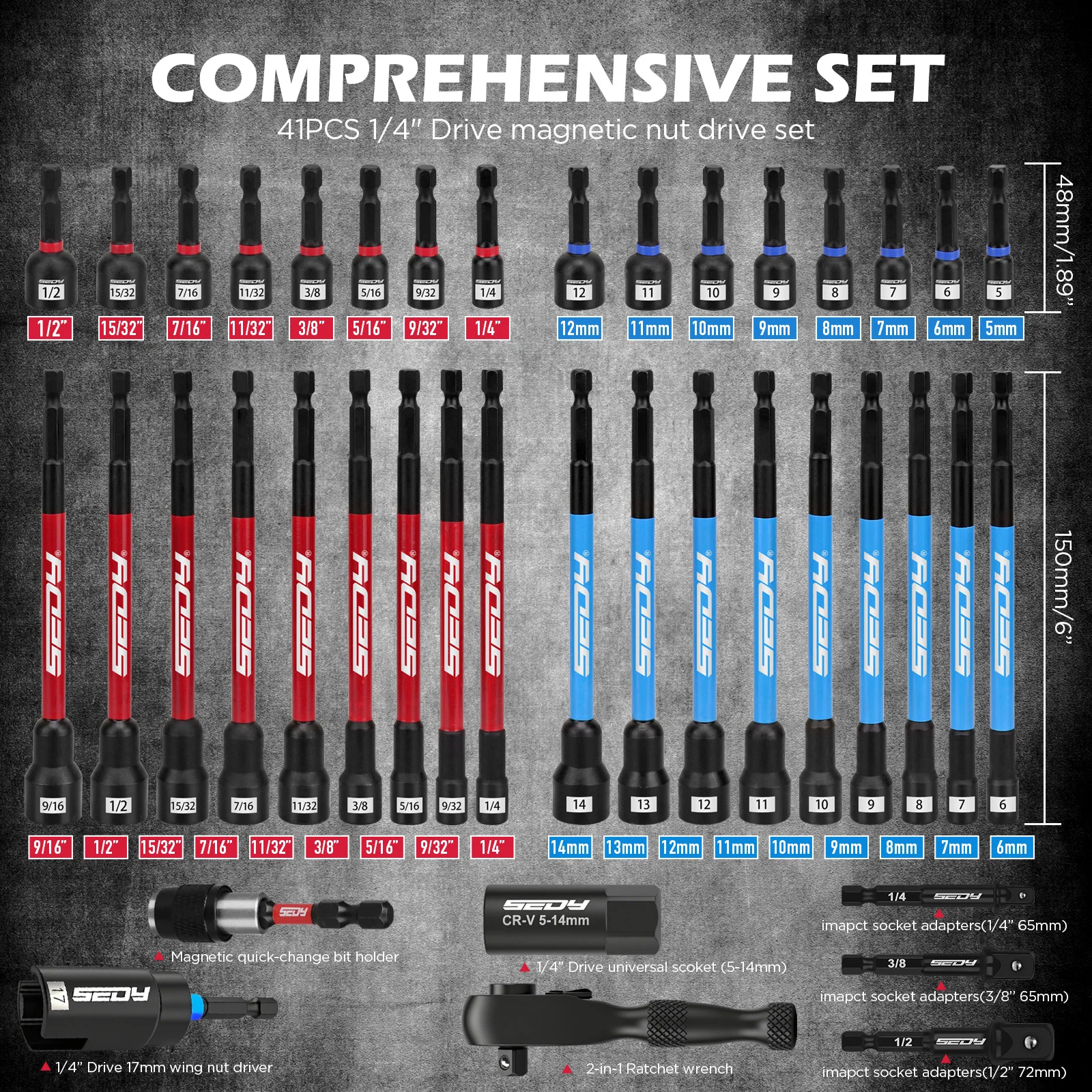 SEDY 41-Piece Premium 1/4" Drive Magnetic Impact Nut Driver Set Metric & SAE Standard & Deep with Socket Adapters