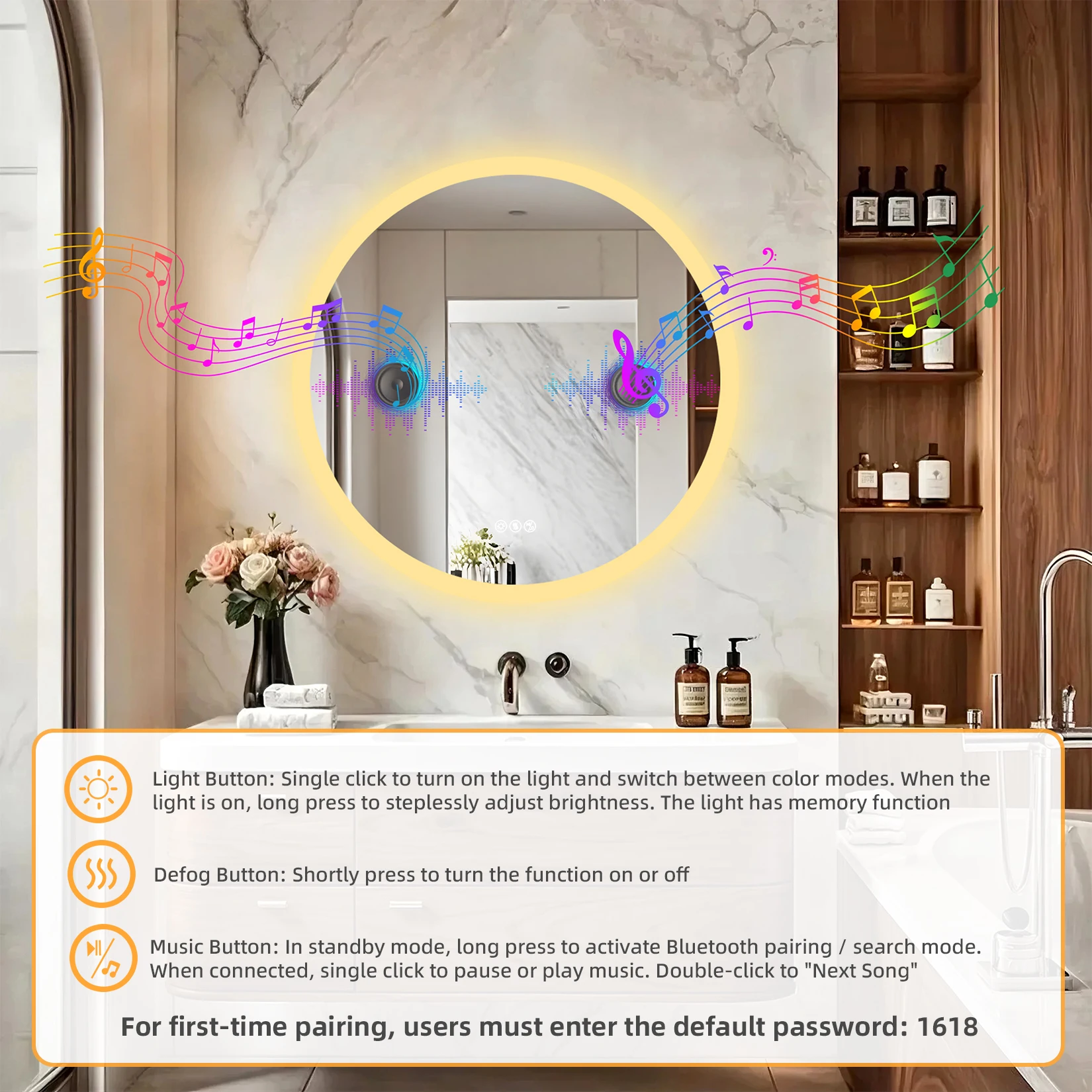 32'' Round Dimmable Led Bathroom Mirror Backlit Vanity Mirror with Bluetooth Speaker, 3 Colors Temperature, Defogging Functions