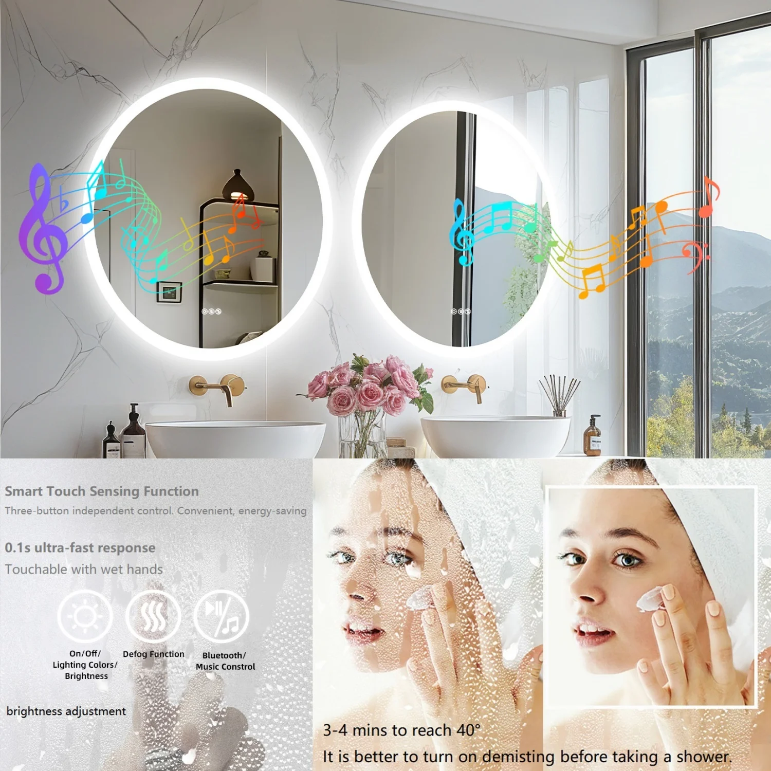32'' Round Dimmable Led Bathroom Mirror Backlit Vanity Mirror with Bluetooth Speaker, 3 Colors Temperature, Defogging Functions