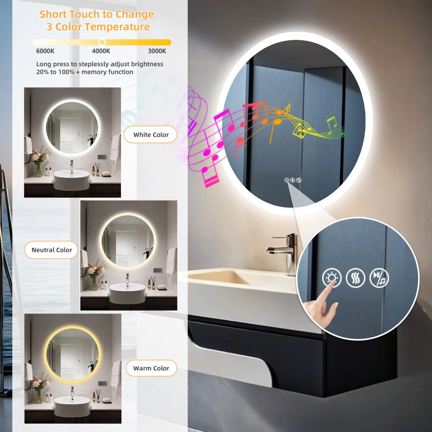 32'' Round Dimmable Led Bathroom Mirror Backlit Vanity Mirror with Bluetooth Speaker, 3 Colors Temperature, Defogging Functions