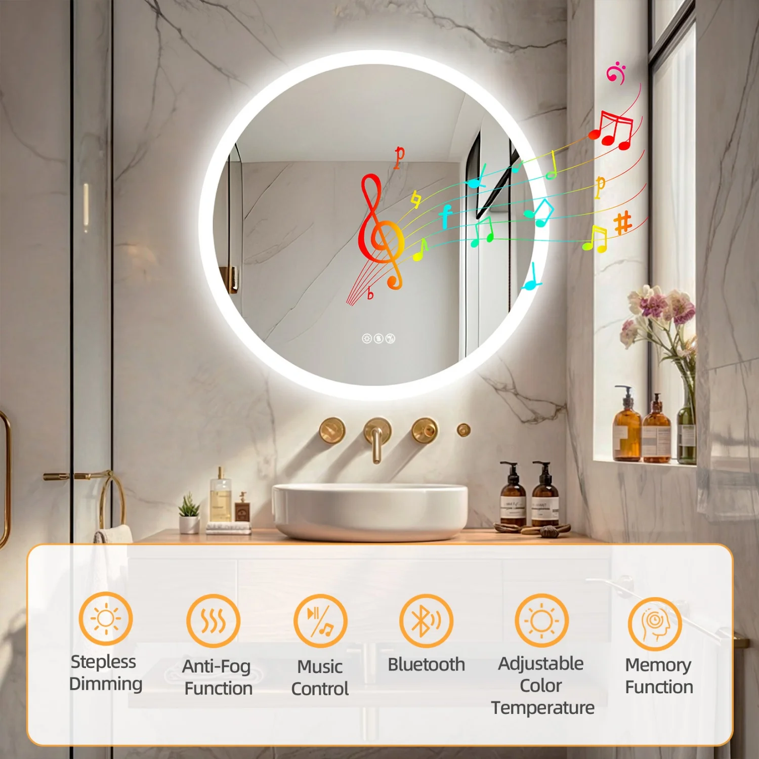32'' Round Dimmable Led Bathroom Mirror Backlit Vanity Mirror with Bluetooth Speaker, 3 Colors Temperature, Defogging Functions