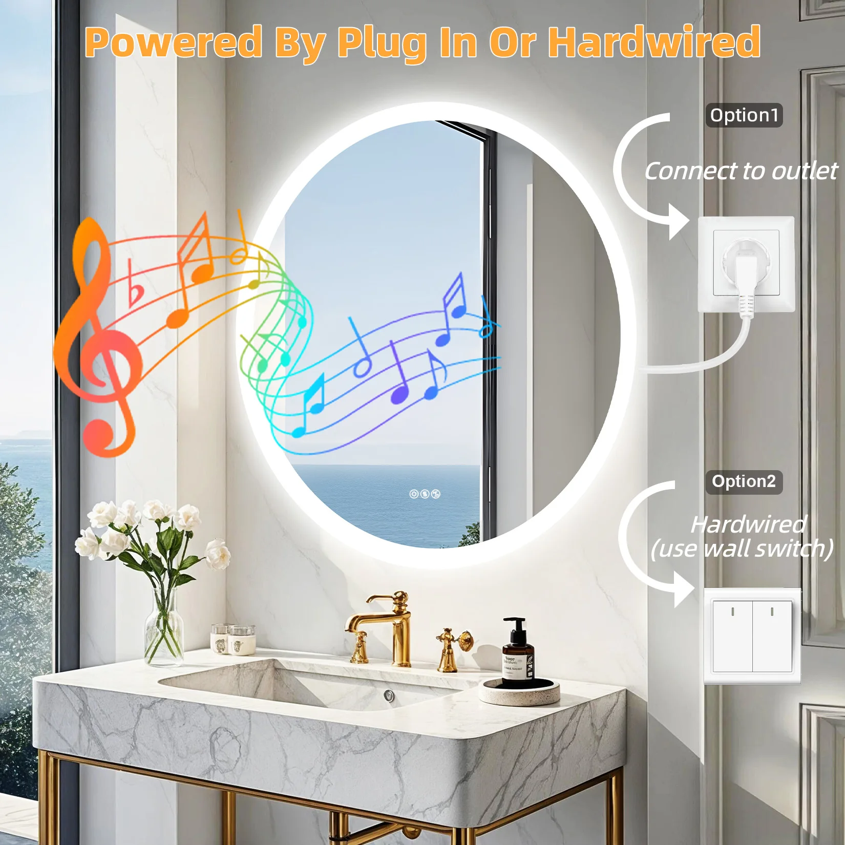 32'' Round Dimmable Led Bathroom Mirror Backlit Vanity Mirror with Bluetooth Speaker, 3 Colors Temperature, Defogging Functions