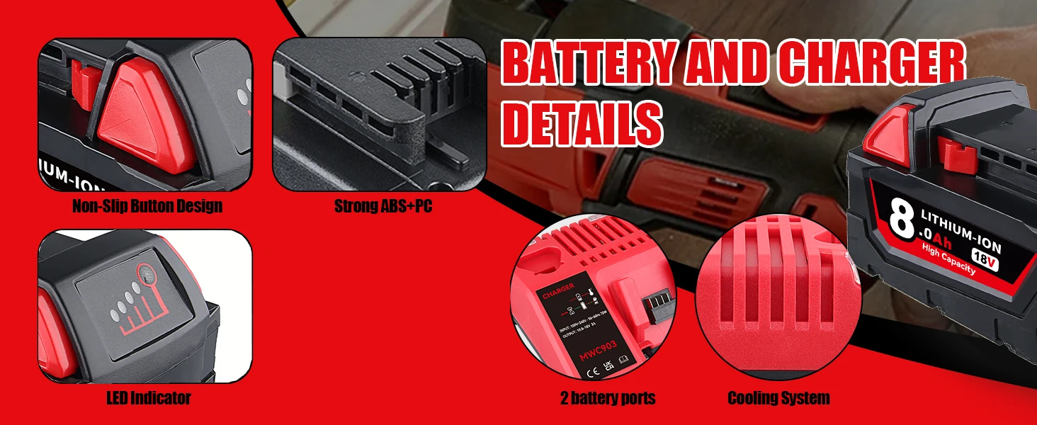 VANON 1/2/4Pack 8.0AH Replace for Milwaukee M18 18V Rechargeable tools 48-11-1815 2604-20 48-11-1850 battery pin