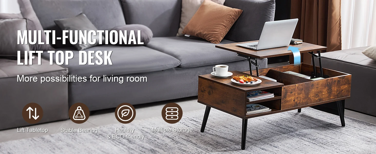 SucceBuy Lift Top Coffee Table Round/Rectangle Coffee Table with Extra Storage Pockets Pop Up/Flipable Coffee Table for Room
