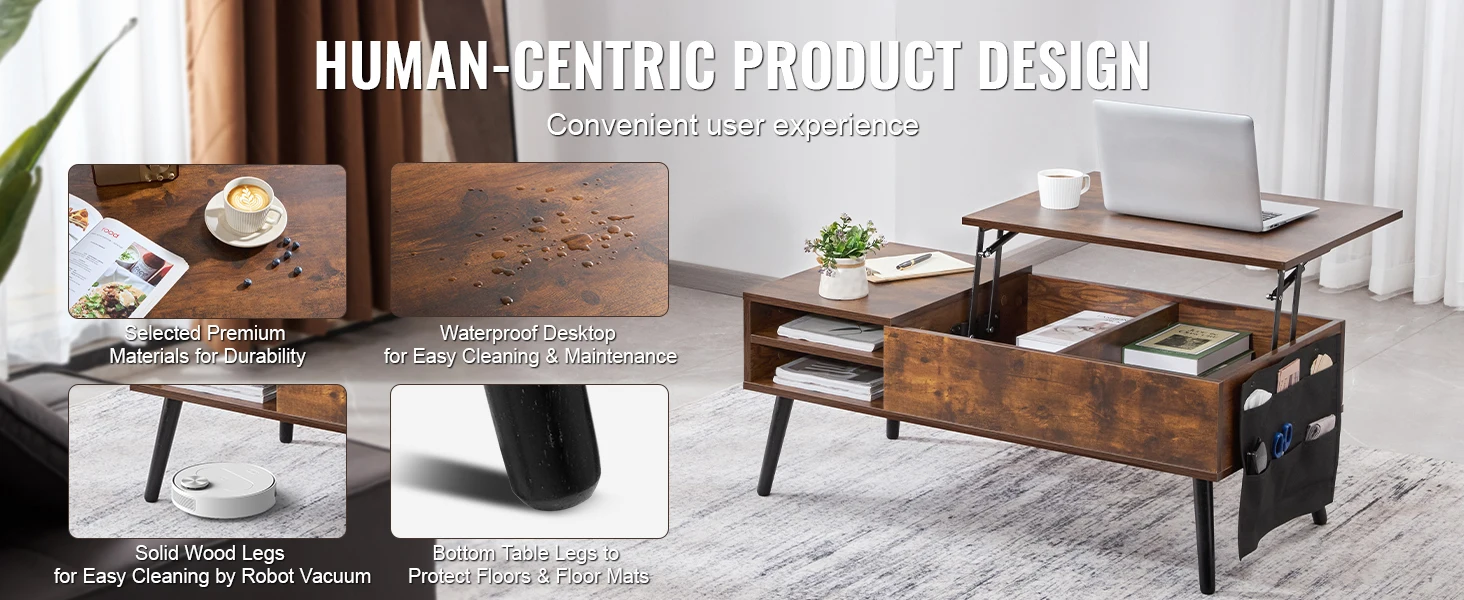 SucceBuy Lift Top Coffee Table Round/Rectangle Coffee Table with Extra Storage Pockets Pop Up/Flipable Coffee Table for Room