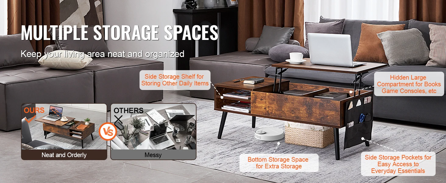 SucceBuy Lift Top Coffee Table Round/Rectangle Coffee Table with Extra Storage Pockets Pop Up/Flipable Coffee Table for Room