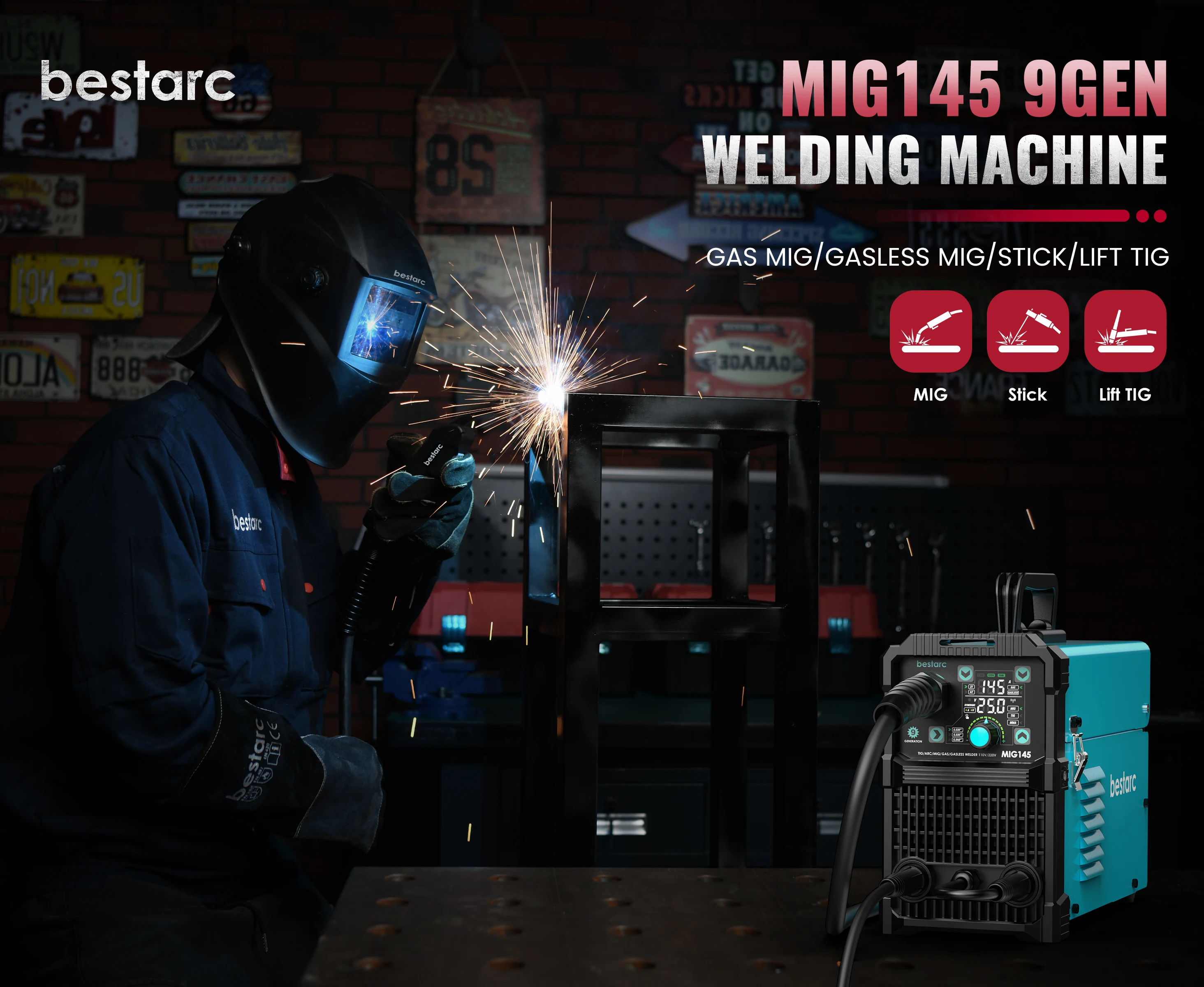 Bestarc MIG145 MIG Welder 220V 145Amp 4-in-1 Welding Machine, Gas & Gasless MIG / Lift TIG / Stick, Digital LED Display