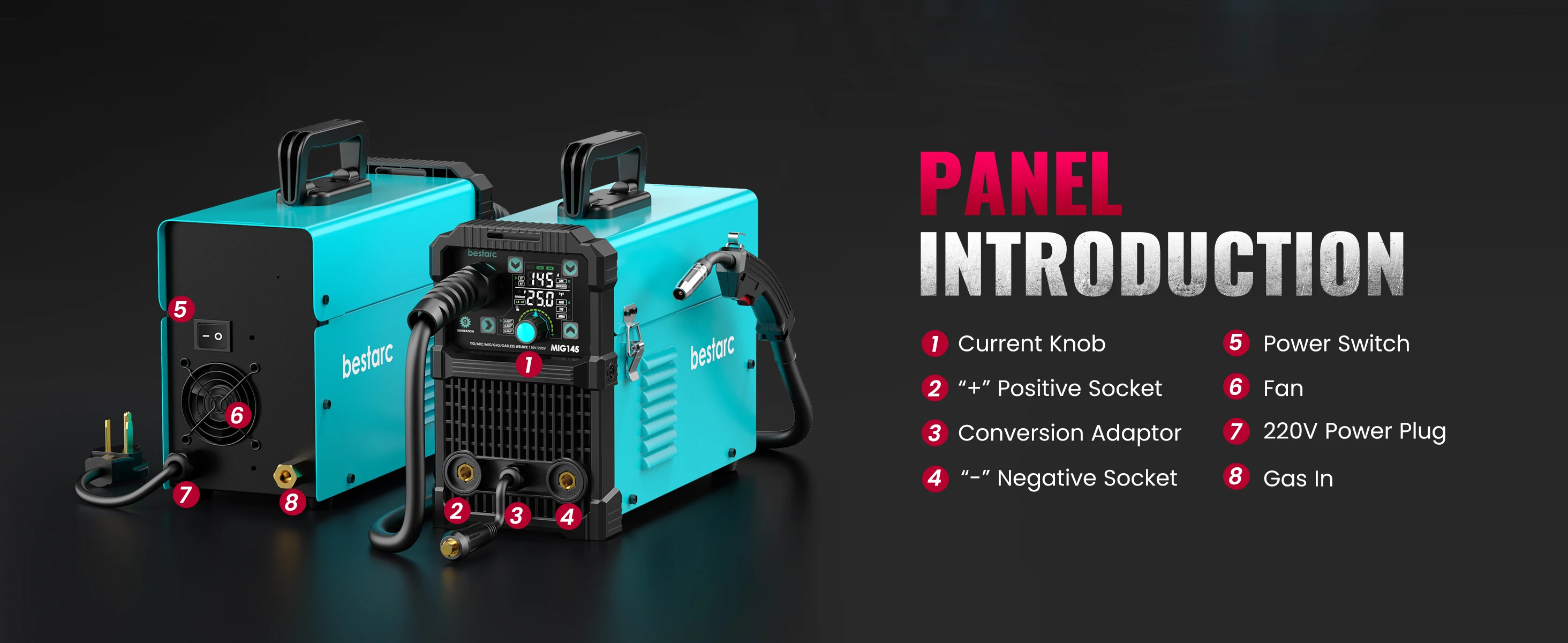 Bestarc MIG145 MIG Welder 220V 145Amp 4-in-1 Welding Machine, Gas & Gasless MIG / Lift TIG / Stick, Digital LED Display