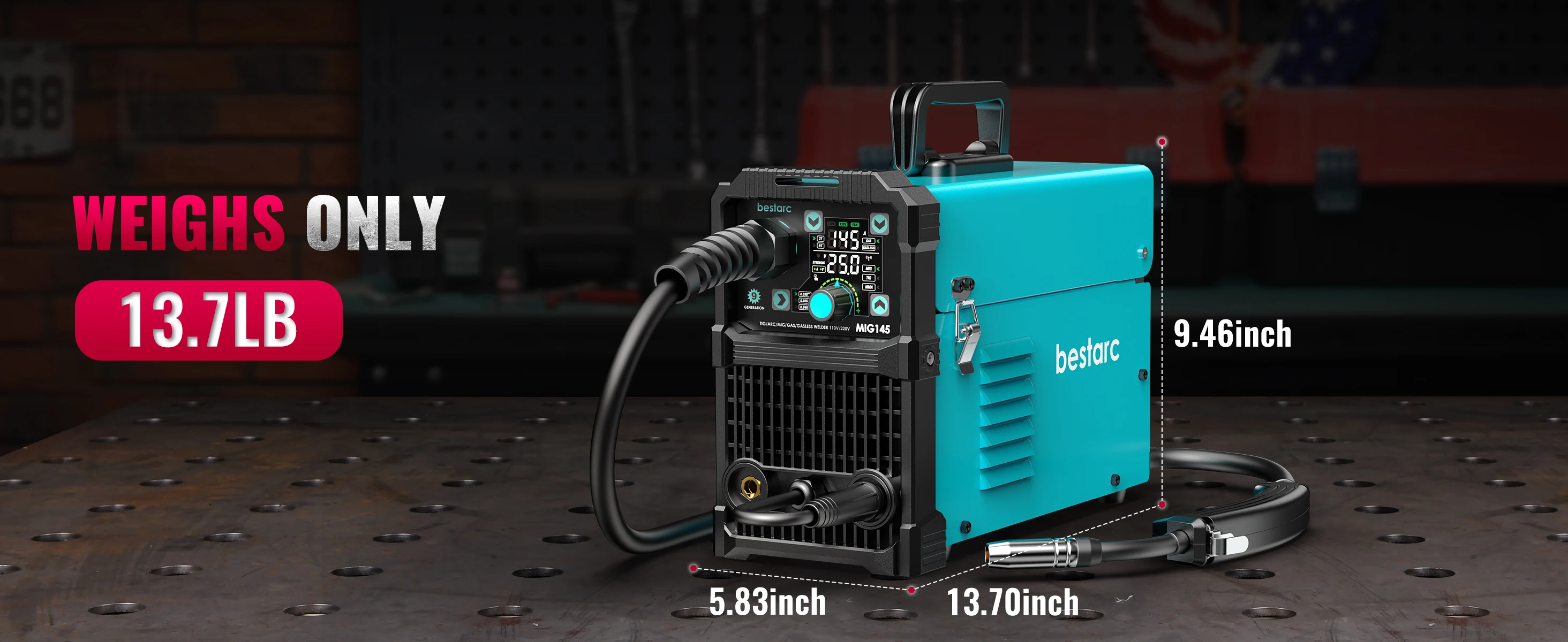 Bestarc MIG145 MIG Welder 220V 145Amp 4-in-1 Welding Machine, Gas & Gasless MIG / Lift TIG / Stick, Digital LED Display