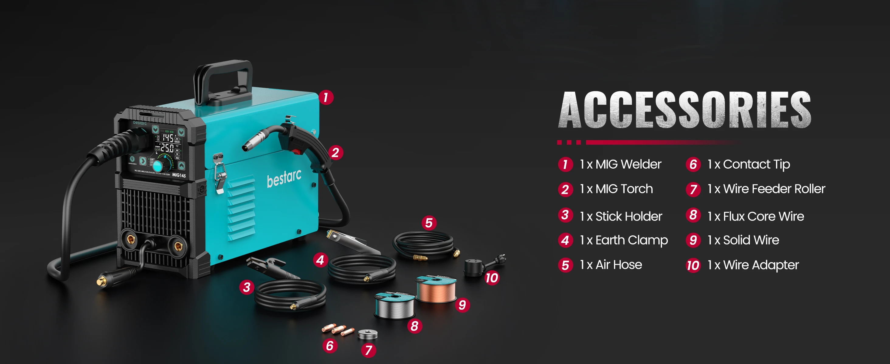 Bestarc MIG145 MIG Welder 220V 145Amp 4-in-1 Welding Machine, Gas & Gasless MIG / Lift TIG / Stick, Digital LED Display