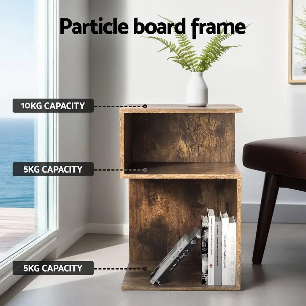 Bedside Table Shelf Side End Table Storage Nightstand Rust Oak Modern Wooden Organizer