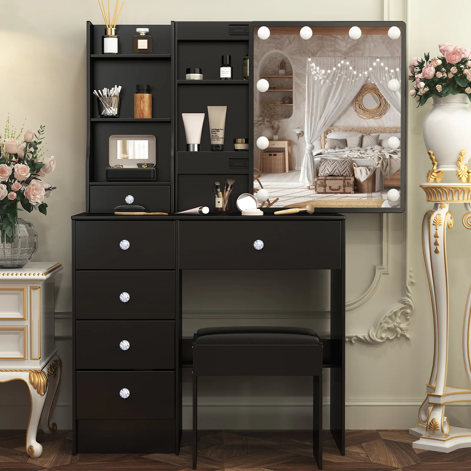 Teousev Black Vanity Set, 3 Color Dimmable LED Sliding Mirror, 6 Drawers & Stool, Easy Assembly Bedroom Makeup Dressing Table