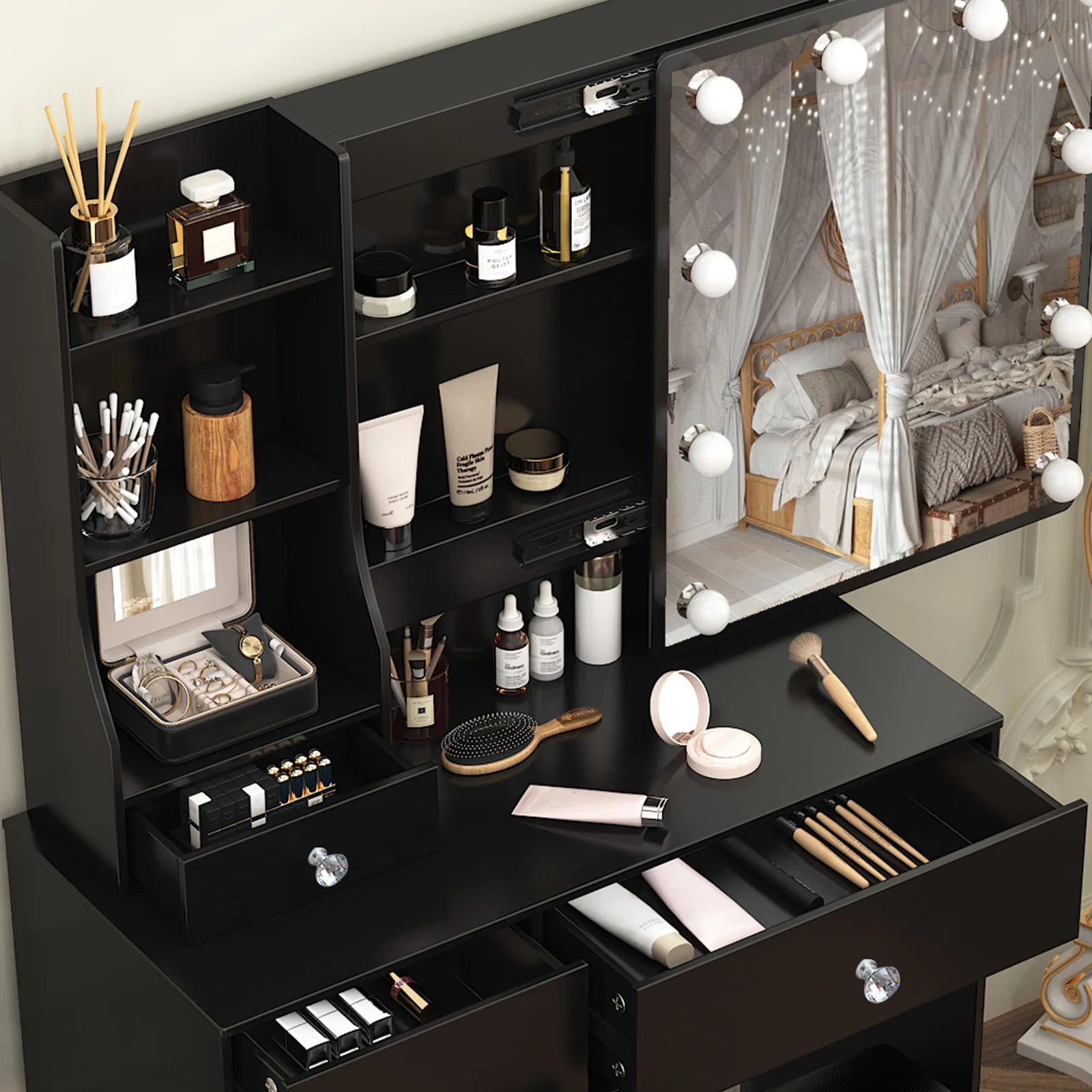 Teousev Black Vanity Set, 3 Color Dimmable LED Sliding Mirror, 6 Drawers & Stool, Easy Assembly Bedroom Makeup Dressing Table